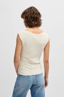 Top con cuello en pico y estructura de punto, Blanco