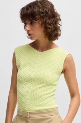 Top con cuello en pico y estructura de punto, Verde
