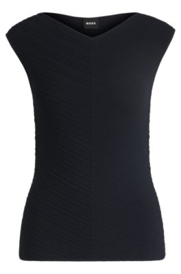 売れ筋商品|||ヒューゴボス カットソー トップス レディース Women's Knitted Structure V-Neck Top Dark Blue BOSS - V-neck top with knitted structure - Dark Blue