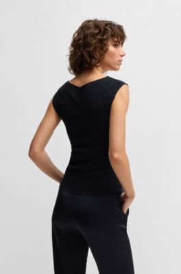 Top con cuello en pico y estructura de punto, Azul oscuro