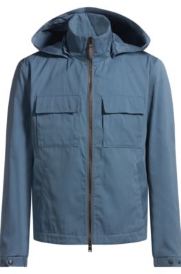 Hooded jacket in cotton-silk twill, Blue