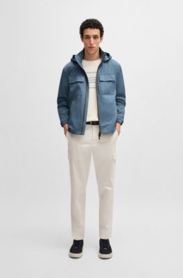 Hooded jacket in cotton-silk twill, Blue