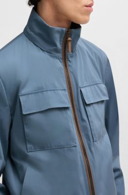 Hooded jacket in cotton-silk twill, Blue