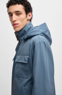 Hooded jacket in cotton-silk twill, Blue