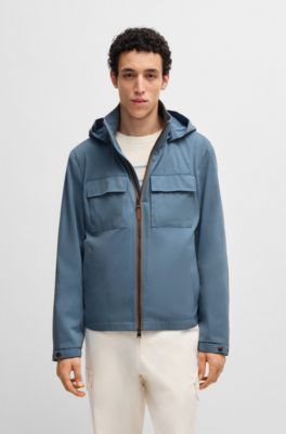 Hooded jacket in cotton-silk twill, Blue