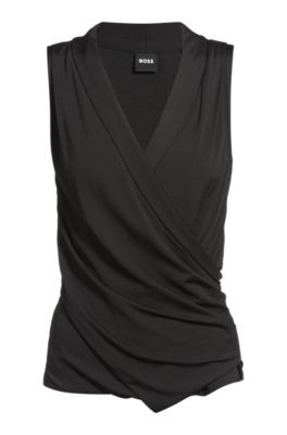 Sleeveless wrap-front top in stretch crepe, Black