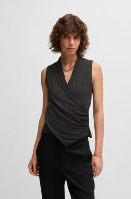 Sleeveless wrap-front top in stretch crepe, Black