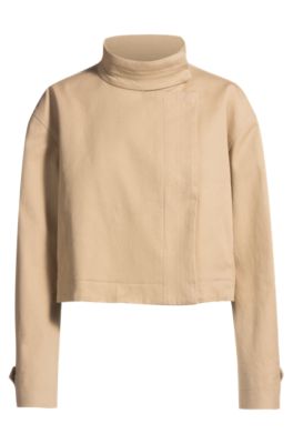 Blazer con cuello mao en sarga de algod&oacute;n el&aacute;stico, Beige