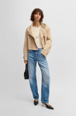 Blazer con cuello mao en sarga de algod&oacute;n el&aacute;stico, Beige