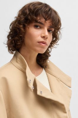 Blazer con cuello mao en sarga de algod&oacute;n el&aacute;stico, Beige