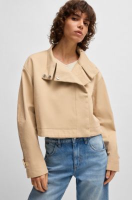 Blazer con cuello mao en sarga de algod&oacute;n el&aacute;stico, Beige