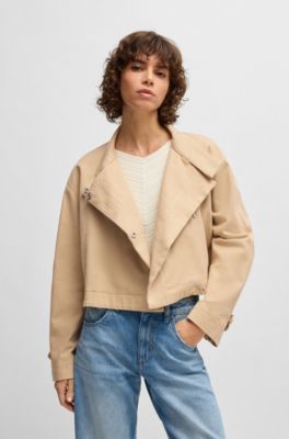 Blazer con cuello mao en sarga de algod&oacute;n el&aacute;stico, Beige