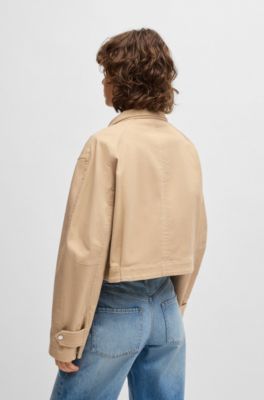 Blazer con cuello mao en sarga de algod&oacute;n el&aacute;stico, Beige