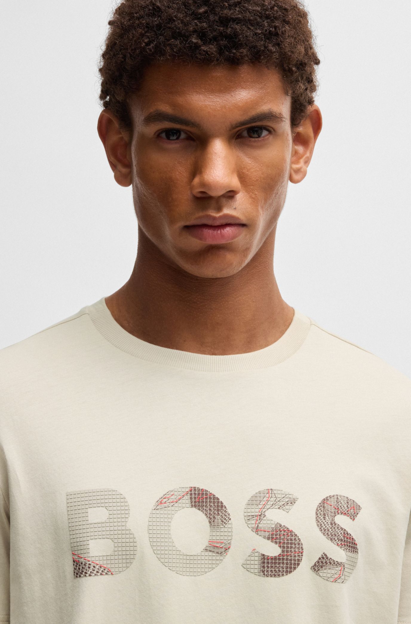 BOSS - Cotton-jersey T-shirt with logo print - Light Beige