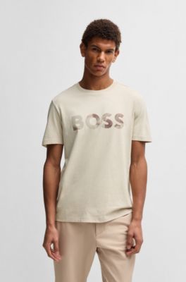 Cotton-jersey T-shirt with logo print, Light Beige