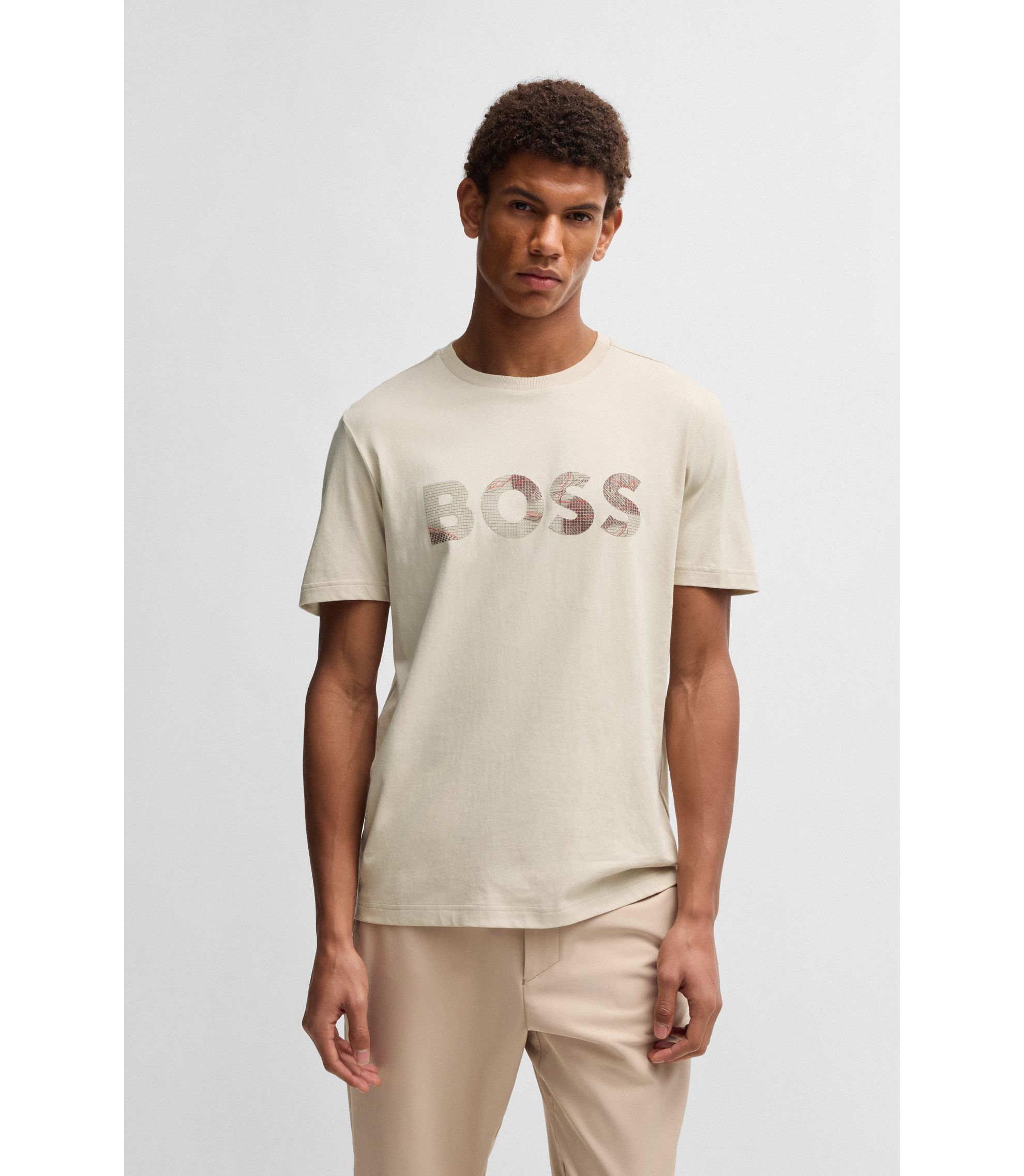 BOSS - Cotton-jersey T-shirt with logo print - Light Beige