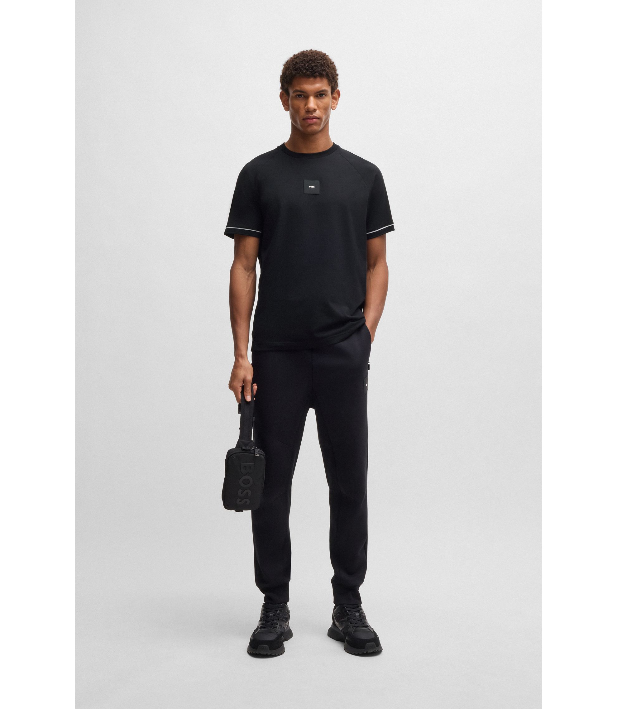 BOSS - Stretch-cotton T-shirt with logo badge - Black