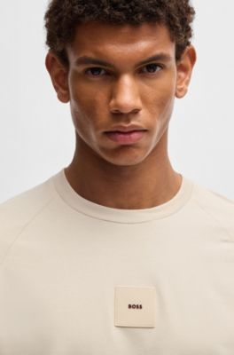 Stretch-cotton T-shirt with logo badge, Light Beige