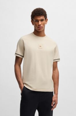 Stretch-cotton T-shirt with logo badge, Light Beige