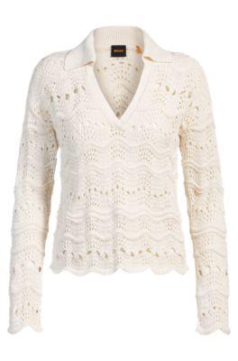 Johnny-collar sweater with open-knit structure, White