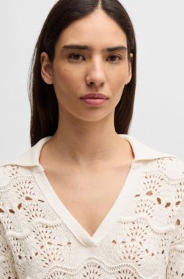 Johnny-collar sweater with open-knit structure, White