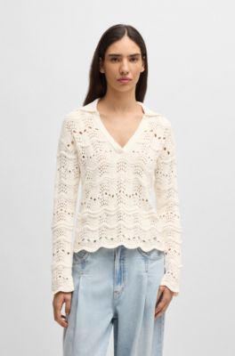 Johnny-collar sweater with open-knit structure, White