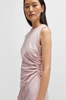 Melange dress with frayed and gathered details, Pink