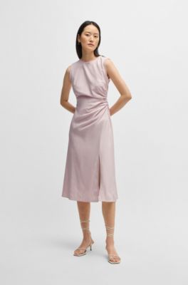 Melange dress with frayed and gathered details, Pink