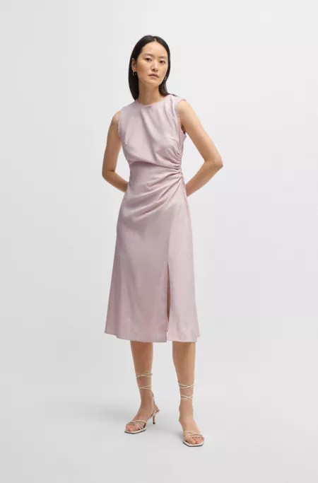 Melange dress with frayed and gathered details