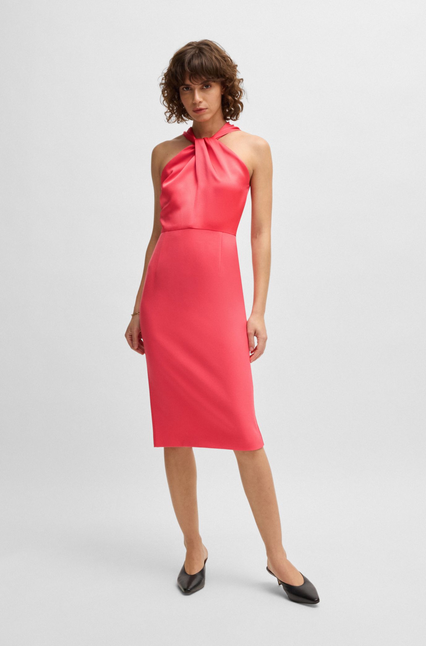 BOSS - Twist-detail dress in stretch fabric - Dark pink