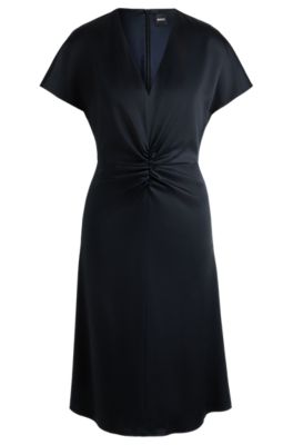 V-neck dress with gathered waistband, Dark Blue