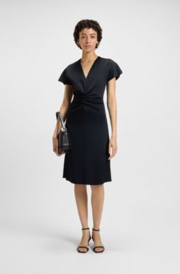 V-neck dress with gathered waistband, Dark Blue