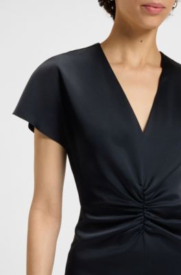 V-neck dress with gathered waistband, Dark Blue