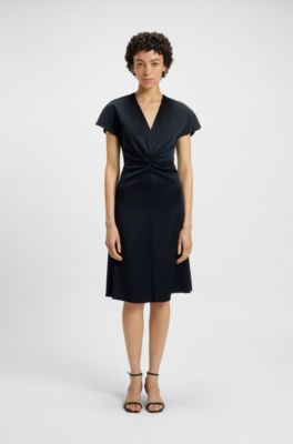 V-neck dress with gathered waistband, Dark Blue