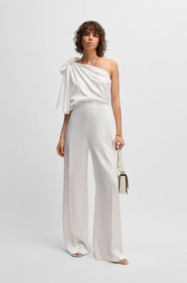 One-shoulder jumpsuit with tie neckline, White