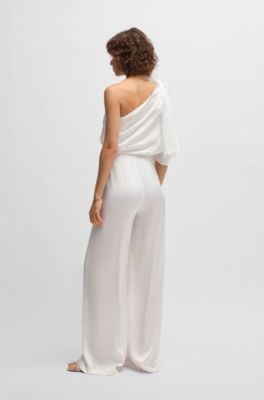 One-shoulder jumpsuit with tie neckline, White