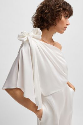 One-shoulder jumpsuit with tie neckline, White