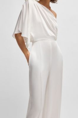 One-shoulder jumpsuit with tie neckline, White