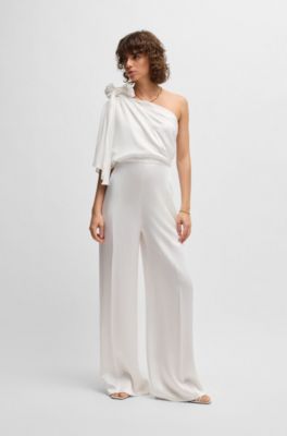 One-shoulder jumpsuit with tie neckline, White