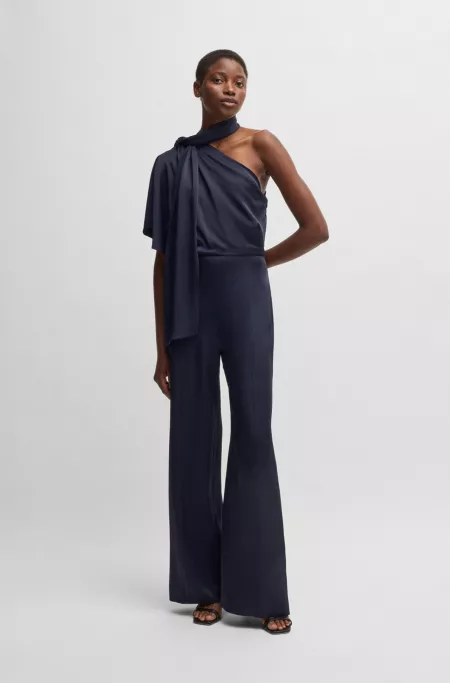 One-shoulder jumpsuit with tie neckline