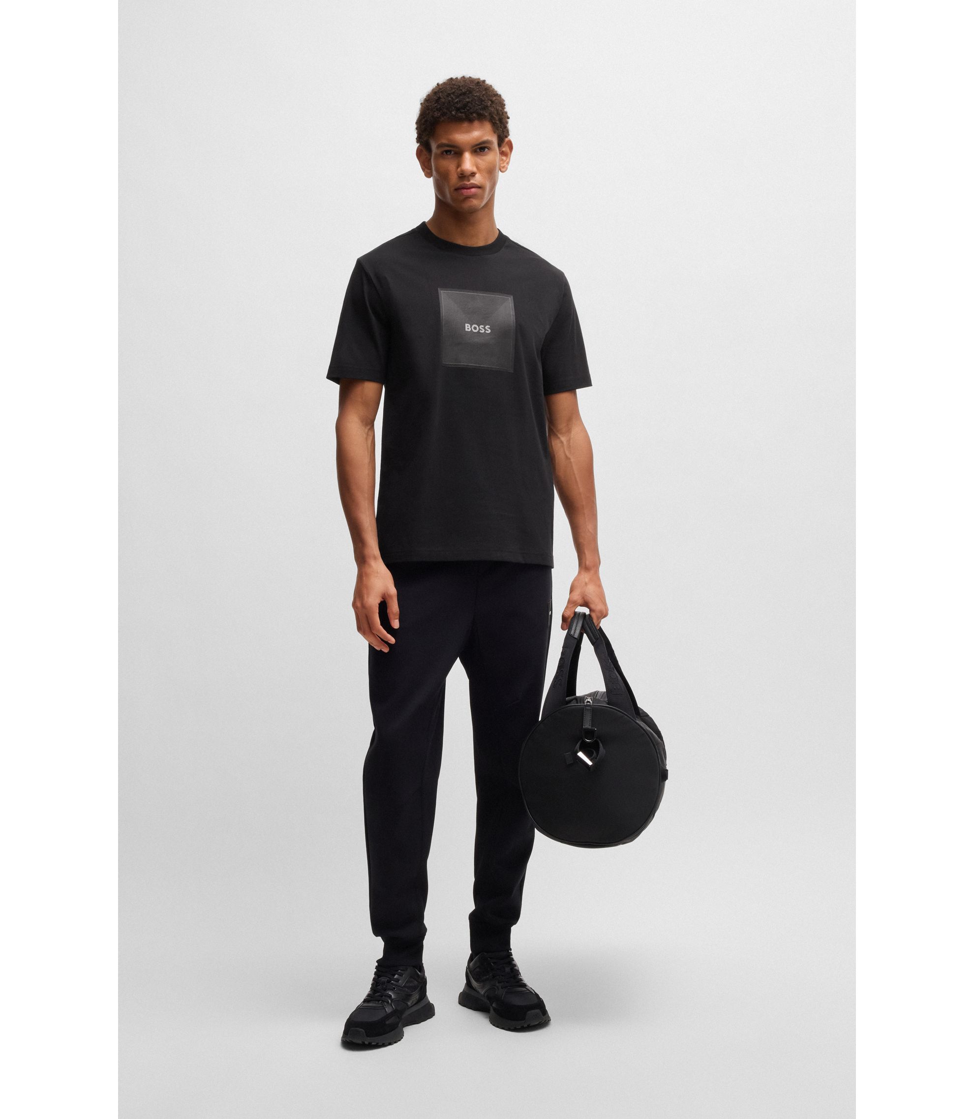 BOSS - Cotton-jersey T-shirt with fineline logo artwork - Black