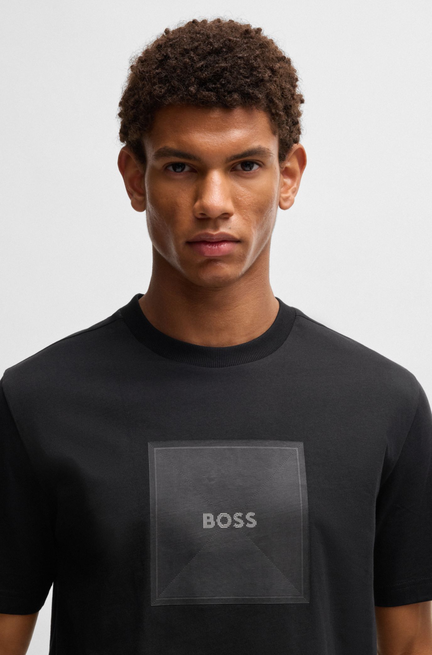 BOSS - Cotton-jersey T-shirt with fineline logo artwork - Black