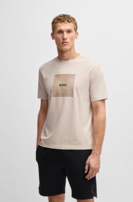 Camiseta de punto de algod&oacute;n con logo de dise&ntilde;o en l&iacute;neas finas, Beige claro