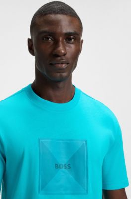 Cotton-jersey T-shirt with fineline logo artwork, Light Blue
