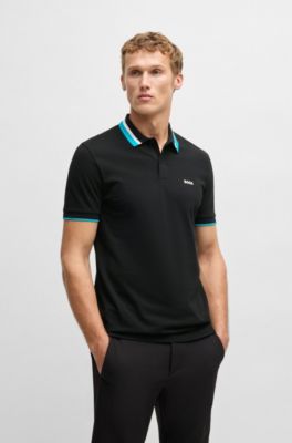 Paddy active polo shirt with contrast stripes, Black
