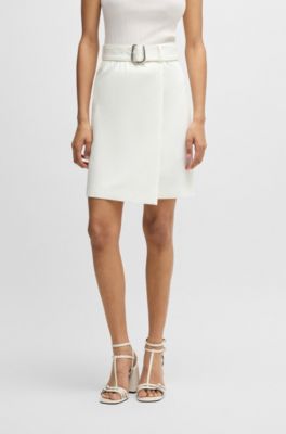 Mini skirt with wrap front and buckled belt, White