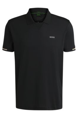 Stretch-mesh polo shirt with modern placket, Black