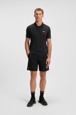 Stretch-mesh polo shirt with modern placket, Black