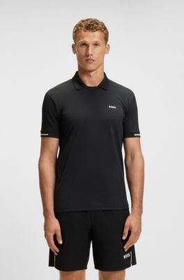 Stretch-mesh polo shirt with modern placket, Black