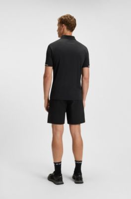Stretch-mesh polo shirt with modern placket, Black